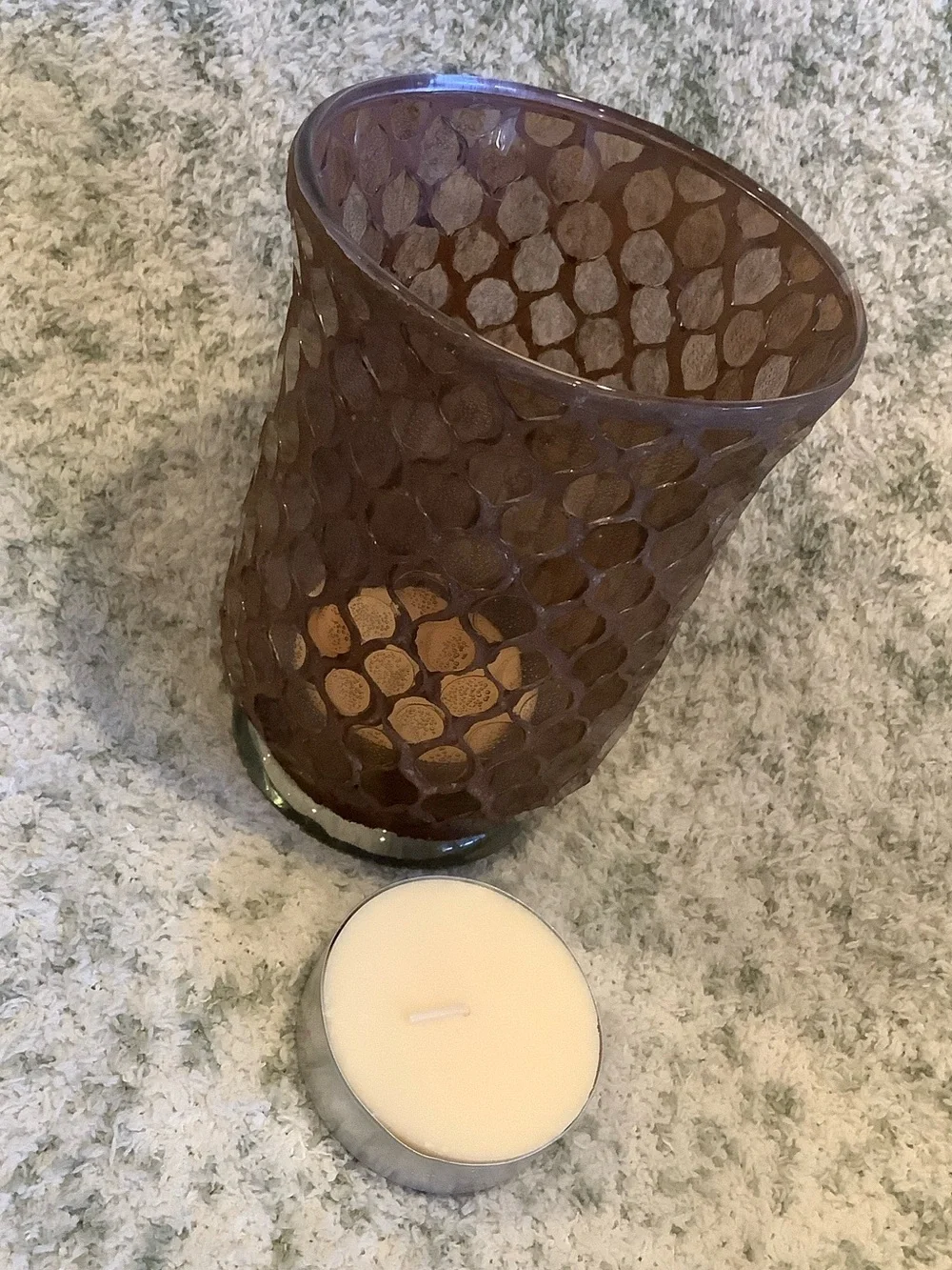 Brown Glass Moroccan Bohemian Romantic Candle Hurricane with 2 xl votives NWT